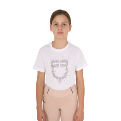 Meisjes T-shirt Equestro slim-fit met roze glitterlogo, korte mouwen Wit