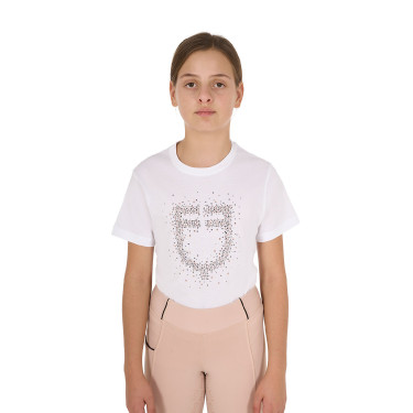 Meisjes T-shirt Equestro slim-fit met roze glitterlogo, korte mouwen Wit