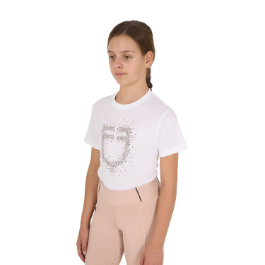 Meisjes T-shirt Equestro slim-fit met roze glitterlogo, korte mouwen Wit