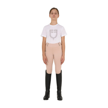 Meisjes T-shirt Equestro slim-fit met roze glitterlogo, korte mouwen Wit