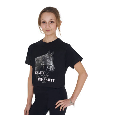 Meisjes T-shirt Equestro Ready To The Party van katoen met strass, korte mouwen Zwart