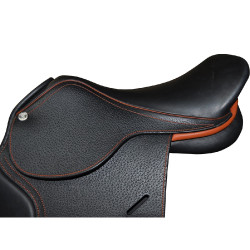 Selle doublée Saumur personnalisée Privilege Equitation Marron / bleu électrique