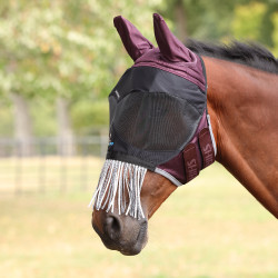 Shires FlyGuard Pro Deluxe vliegenmasker met oren, neus en franjes Zwart kersenrood