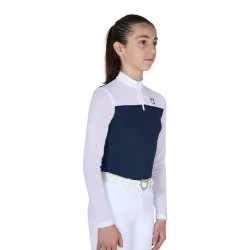 Wedstrijdpolo voor meisjes met lange mouwen met inzetstukken van micromesh Marineblazer Marineblauw