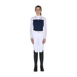 Wedstrijdpolo voor meisjes met lange mouwen met inzetstukken van micromesh Marineblazer Marineblauw
