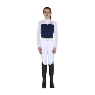 Wedstrijdpolo voor meisjes met lange mouwen met inzetstukken van micromesh Marineblazer Marineblauw