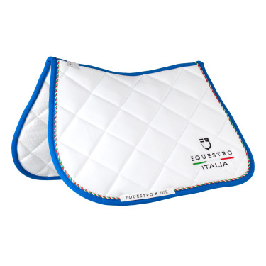 Springzadeldek Equestro x FISE met Italiaanse vlagbies Wit / Savoisch blauw Springzadeldek Equestro x FISE met Italiaanse vlagbies Wit / Savoisch blauw