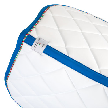 Springzadeldek Equestro x FISE met Italiaanse vlagbies Wit / Savoisch blauw Springzadeldek Equestro x FISE met Italiaanse vlagbies Wit / Savoisch blauw