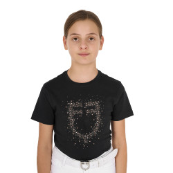 Meisjes T-shirt Equestro slim-fit met roze glitterlogo, korte mouwen Zwart