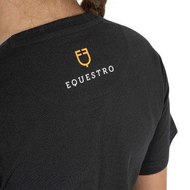 Meisjes T-shirt Equestro slim-fit met roze glitterlogo, korte mouwen Zwart