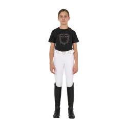 Meisjes T-shirt Equestro slim-fit met roze glitterlogo, korte mouwen Zwart