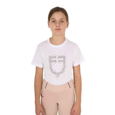 Meisjes T-shirt Equestro slim-fit met roze glitterlogo, korte mouwen Wit