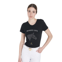 Dames T-shirt Equestro slim fit Horse Life met strass, korte mouwen Zwart Dames T-shirt Equestro slim fit Horse Life met strass, korte mouwen Zwart