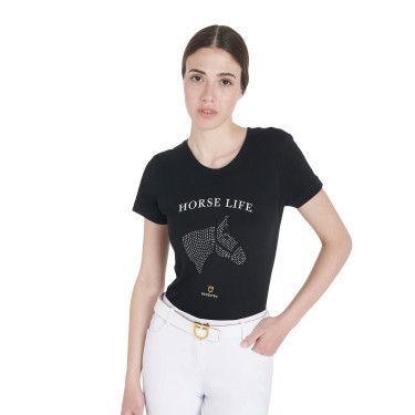 Dames T-shirt Equestro slim fit Horse Life met strass, korte mouwen Zwart Dames T-shirt Equestro slim fit Horse Life met strass, korte mouwen Zwart