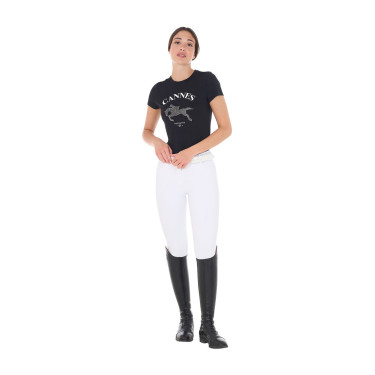 Dames T-shirt Equestro Cannes katoen met strass, korte mouwen Zwart