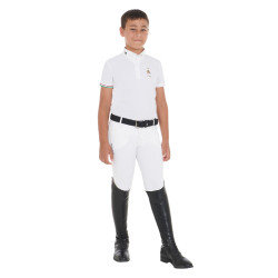 Wedstrijdpolo jongen met vier knopen Equestro x FISE korte mouwen Wit