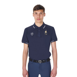 Heren trainingspolo Equestro x FISE met drie knopen en korte mouwen Marineblazer Marineblauw
