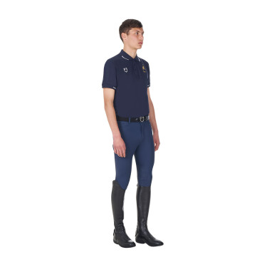Heren trainingspolo Equestro x FISE met drie knopen en korte mouwen Marineblazer Marineblauw