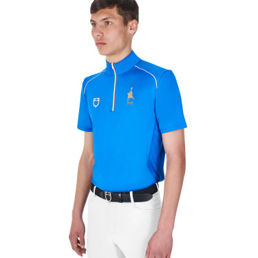 Heren trainingspolo Equestro x FISE met rits, Italiaanse vlag, korte mouwen Blauw van Savoye