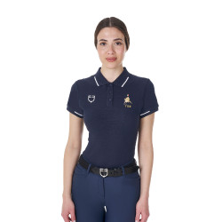 Dames trainingspolo Equestro x FISE met drie knopen, korte mouwen Marineblazer Marineblauw