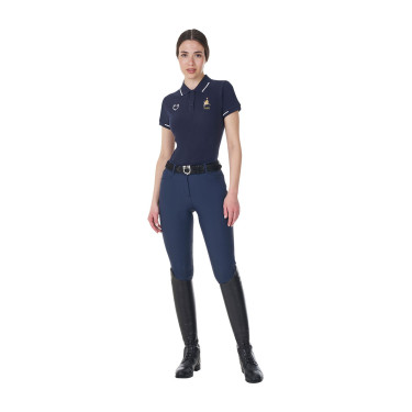 Dames trainingspolo Equestro x FISE met drie knopen, korte mouwen Marineblazer Marineblauw