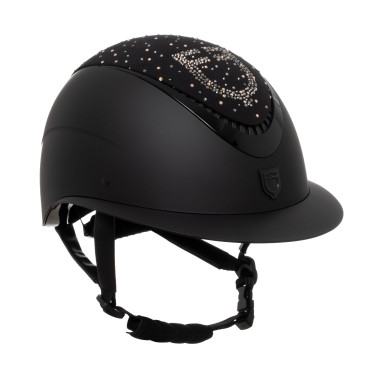 Equestro matte rijhelm met brede klep en strasslogo, goedgekeurd volgens EN 1384-2023 Zwart / glanzend zwart