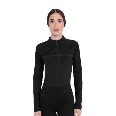 Trainingspolo dames met lange mouwen monogramprint Equestro Zwart