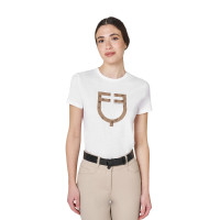 Dames T-shirt met fluwelen monogramlogo Equestro Wit / tabaksbruin
