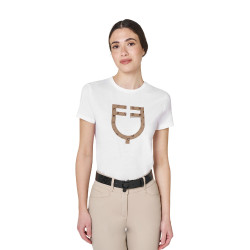 Dames T-shirt met fluwelen monogramlogo Equestro Wit / tabaksbruin Dames T-shirt met fluwelen monogramlogo Equestro Wit / tabaksbruin