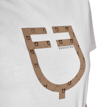 Dames T-shirt met fluwelen monogramlogo Equestro Wit / tabaksbruin