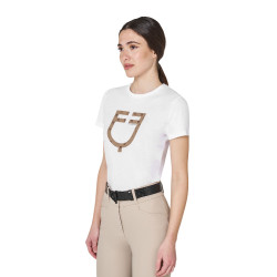 Dames T-shirt met fluwelen monogramlogo Equestro Wit / tabaksbruin Dames T-shirt met fluwelen monogramlogo Equestro Wit / tabaksbruin