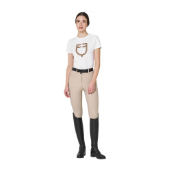 Dames T-shirt met fluwelen monogramlogo Equestro Wit / tabaksbruin Dames T-shirt met fluwelen monogramlogo Equestro Wit / tabaksbruin