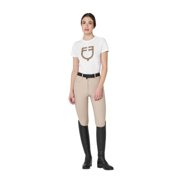 Dames T-shirt met fluwelen monogramlogo Equestro Wit / tabaksbruin Dames T-shirt met fluwelen monogramlogo Equestro Wit / tabaksbruin